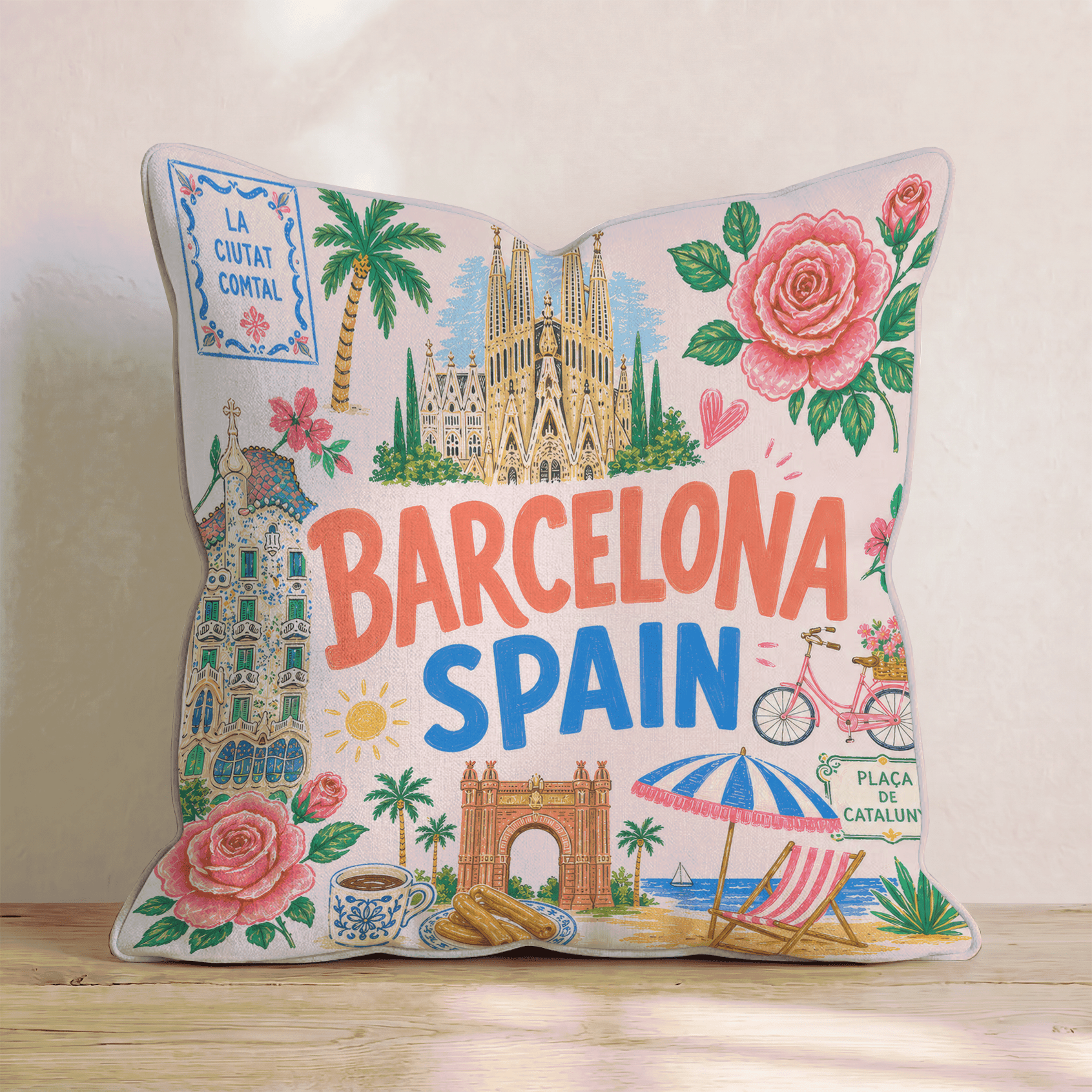 Greetings From Barcelona Throw Pillow - Hillcroft Home
