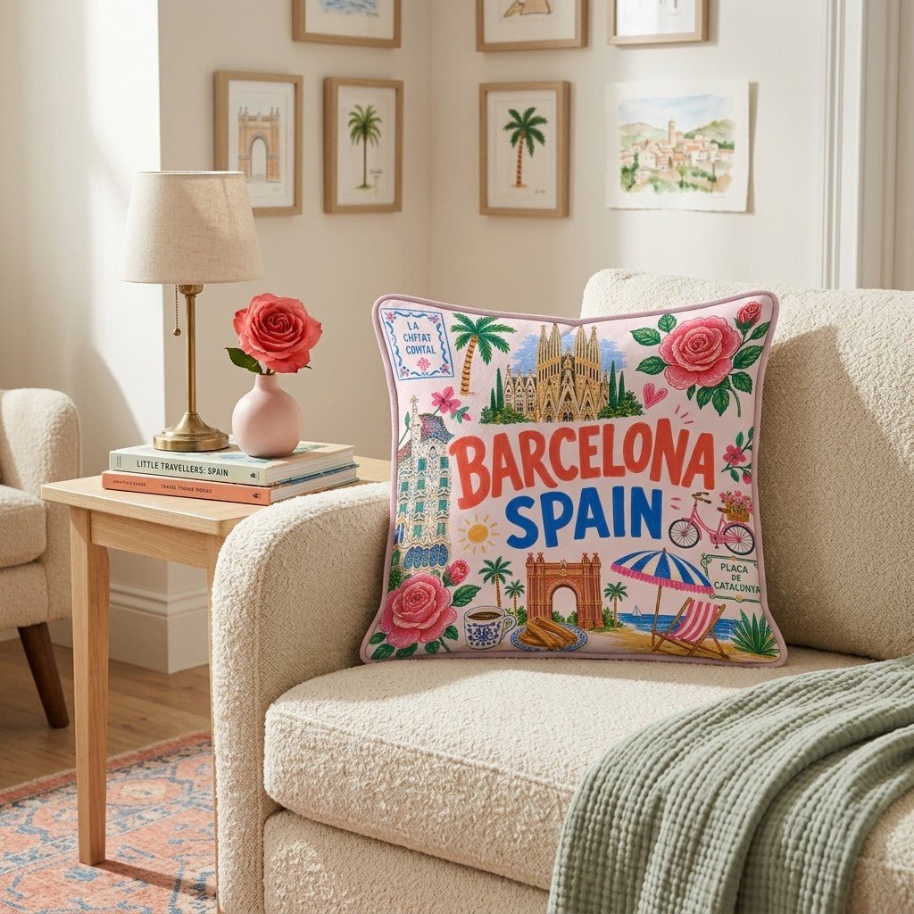 Greetings From Barcelona Throw Pillow - Hillcroft Home