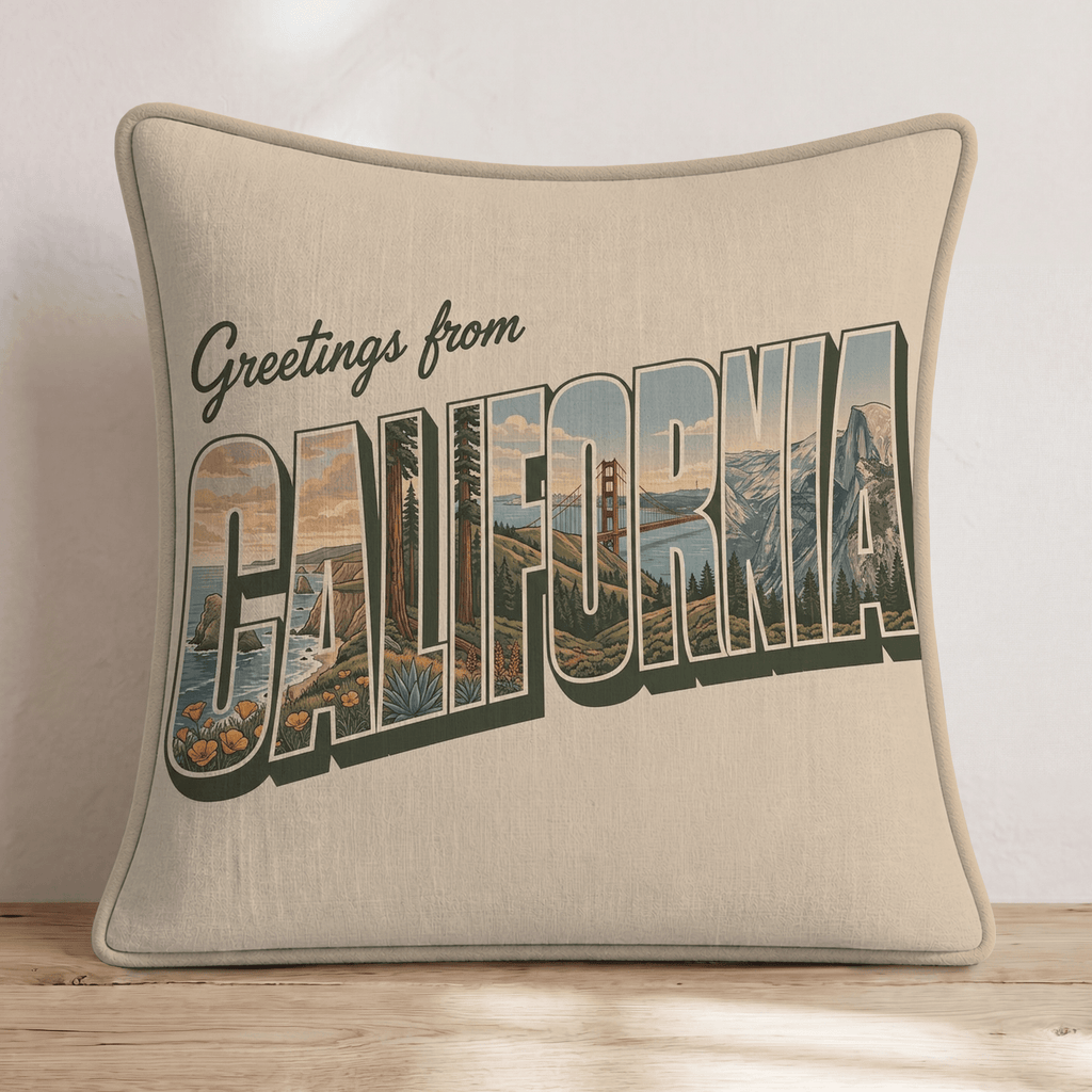 Greetings From California Throw Pillow - Hillcroft Home