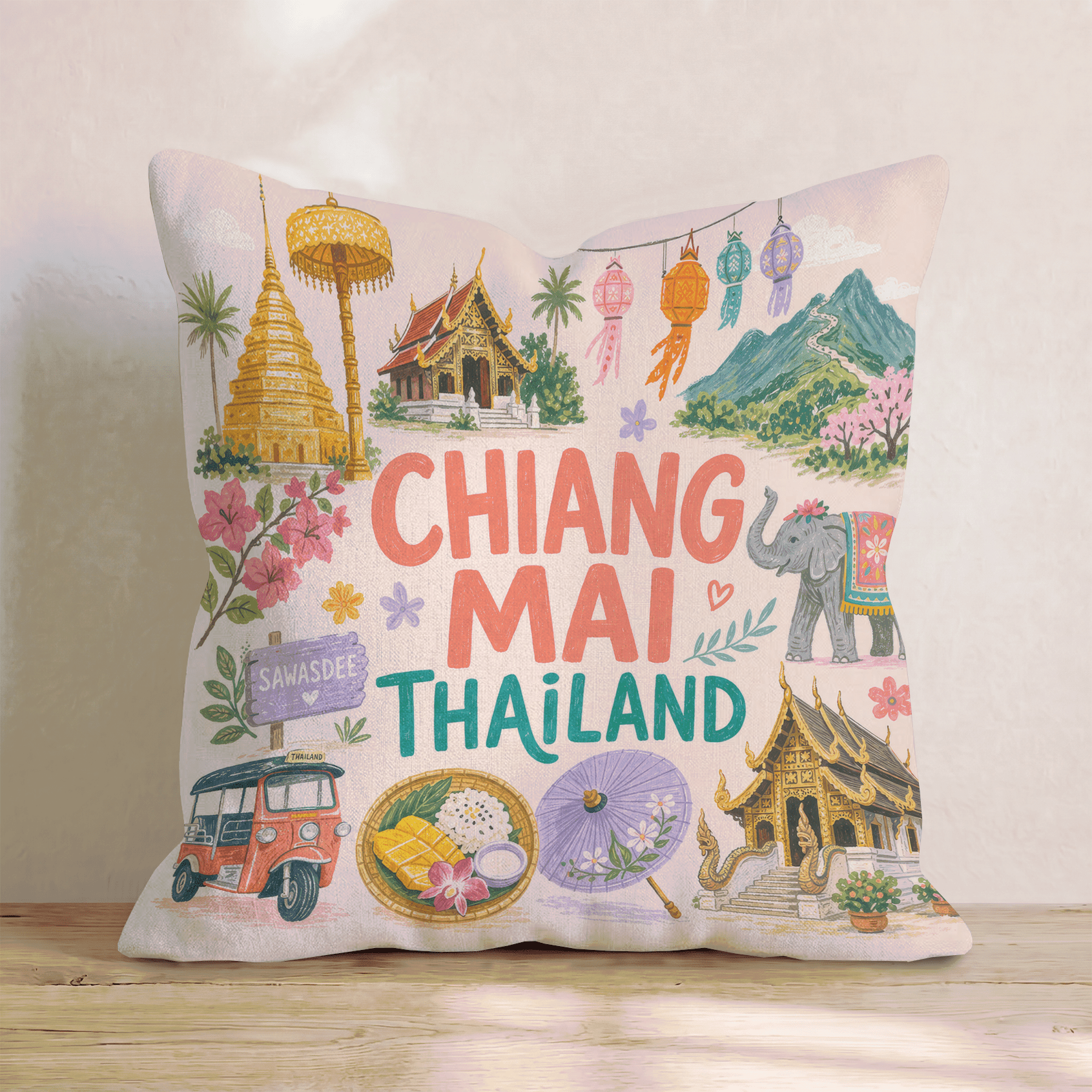Greetings From Chiang Mai Throw Pillow - Hillcroft Home