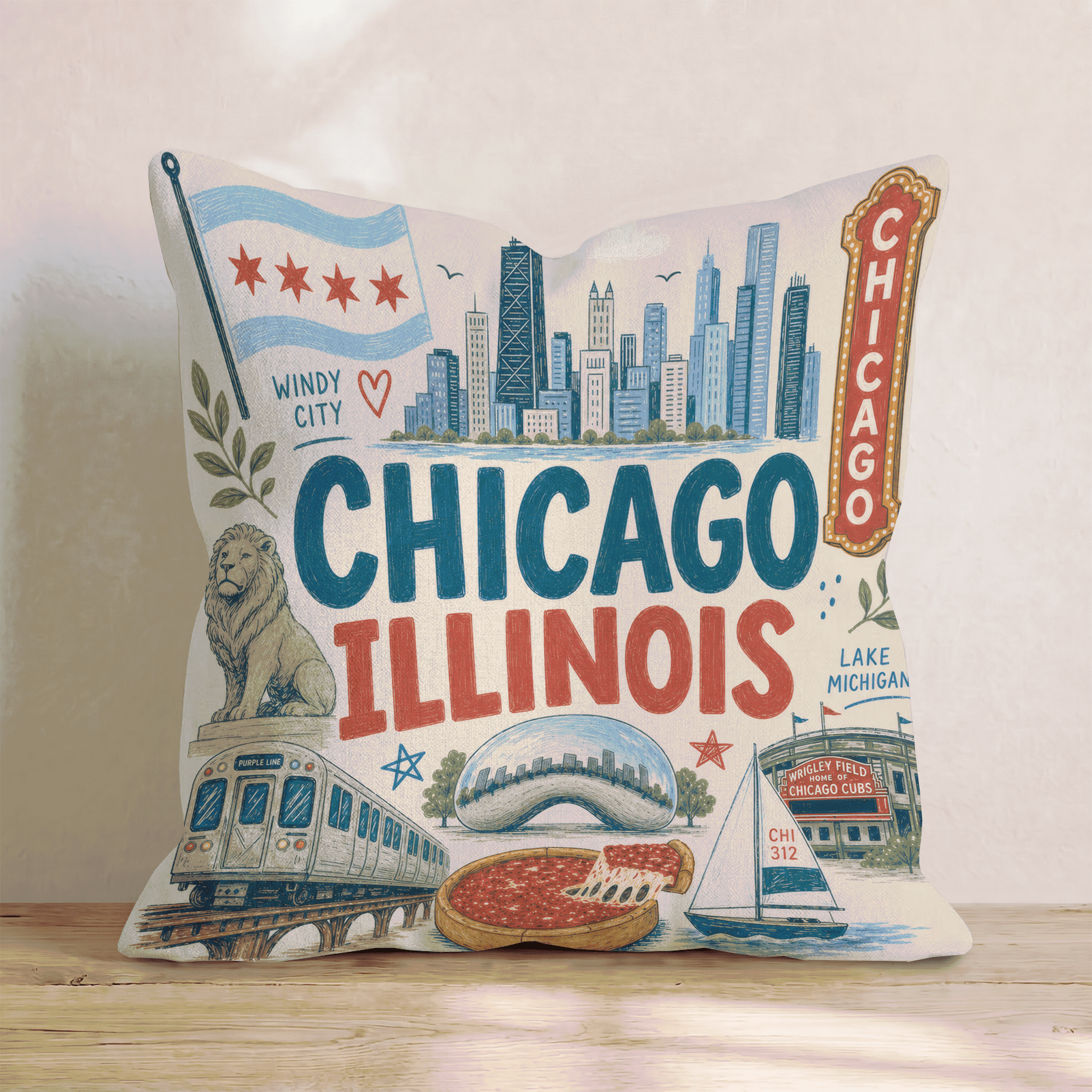 Greetings From Chicago Throw Pillow - Hillcroft Home