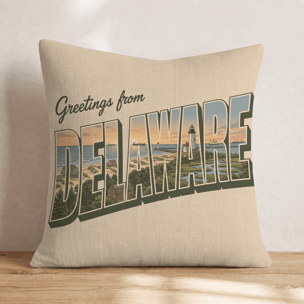 Greetings From Deleware Throw Pillow - Hillcroft Home