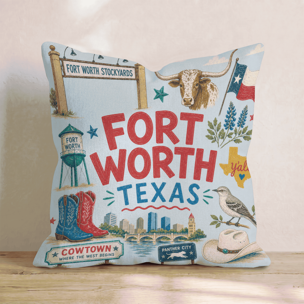 Greetings from Fort Worth Throw Pillow - Hillcroft Home