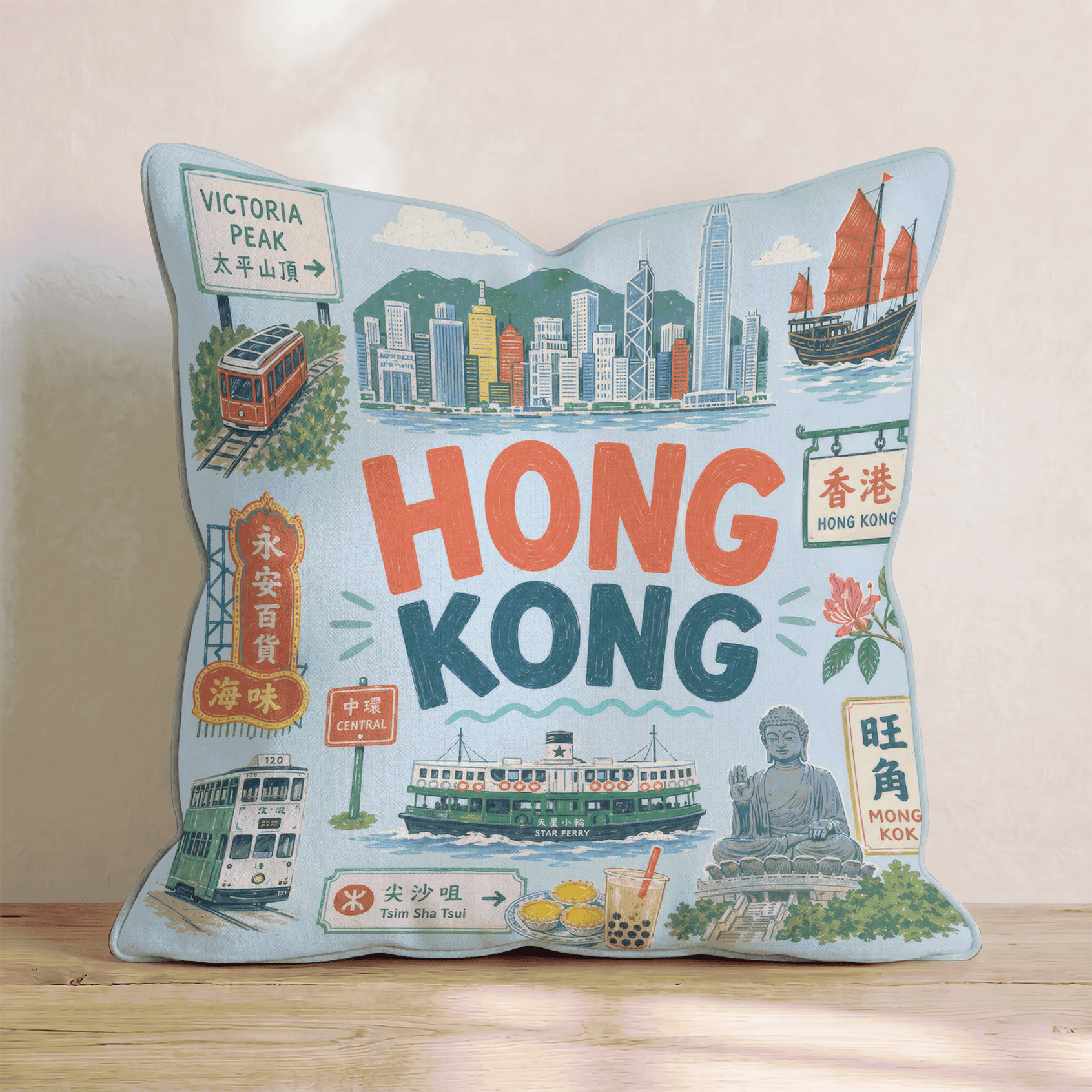 Greetings From Hong Kong Throw Pillow - Hillcroft Home