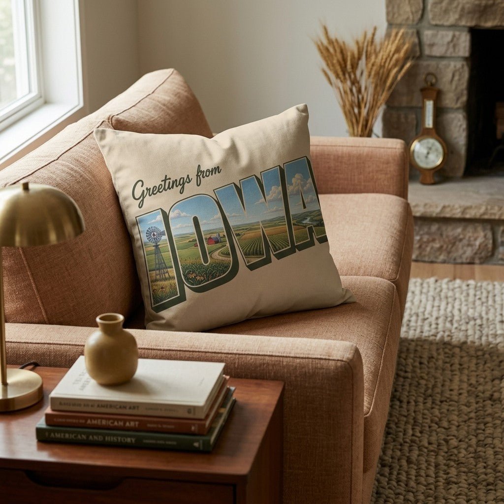 Greetings From Iowa Throw Pillow - Hillcroft Home