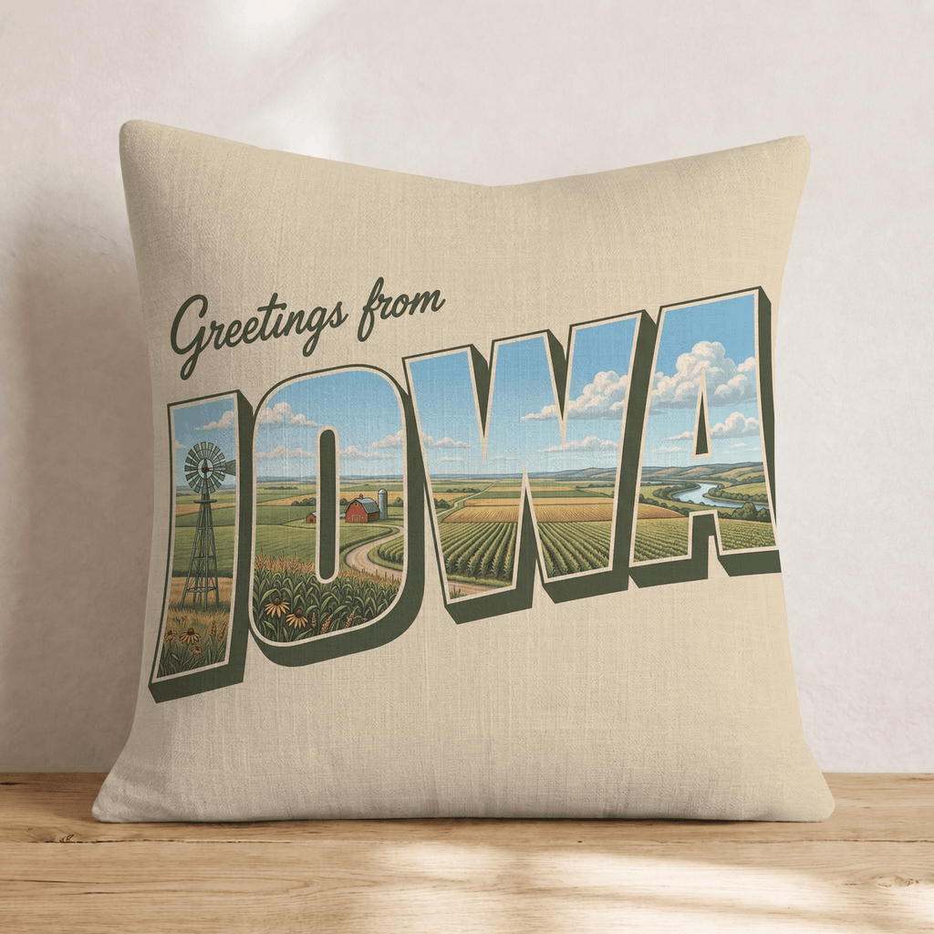 Greetings From Iowa Throw Pillow - Hillcroft Home