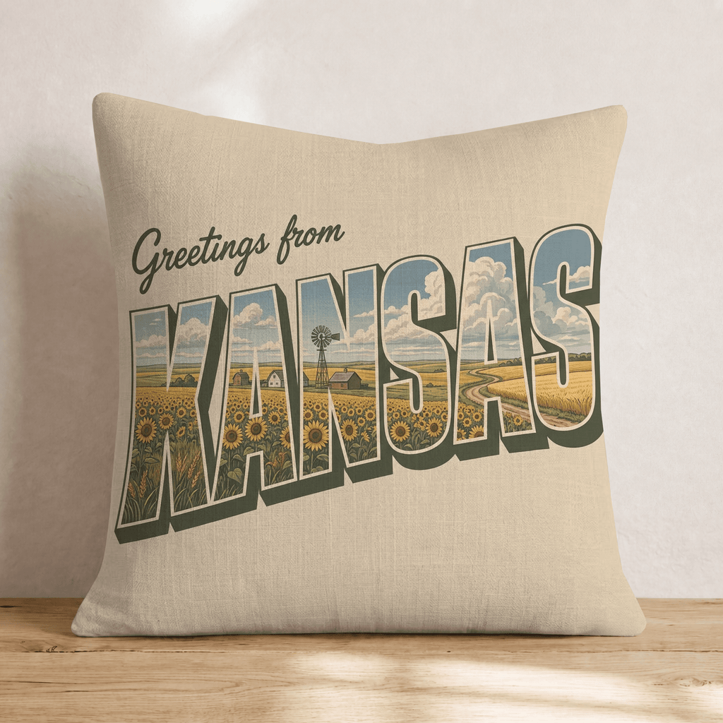 Greetings From Kansas Throw Pillow - Hillcroft Home