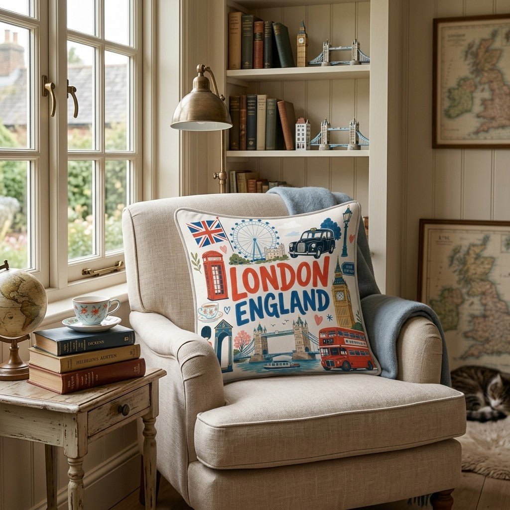 Greetings From London Throw Pillow - Hillcroft Home