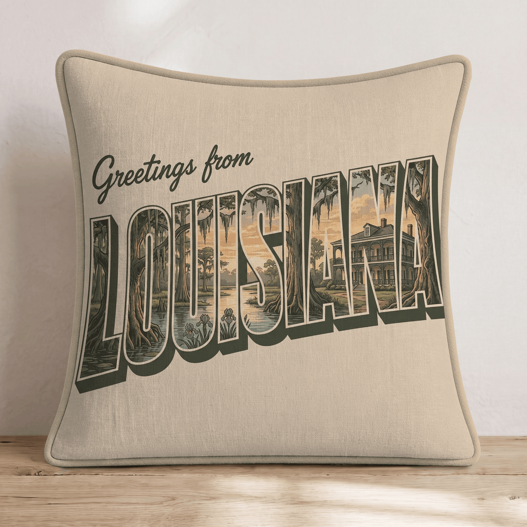 Greetings From Louisiana Throw Pillow - Hillcroft Home