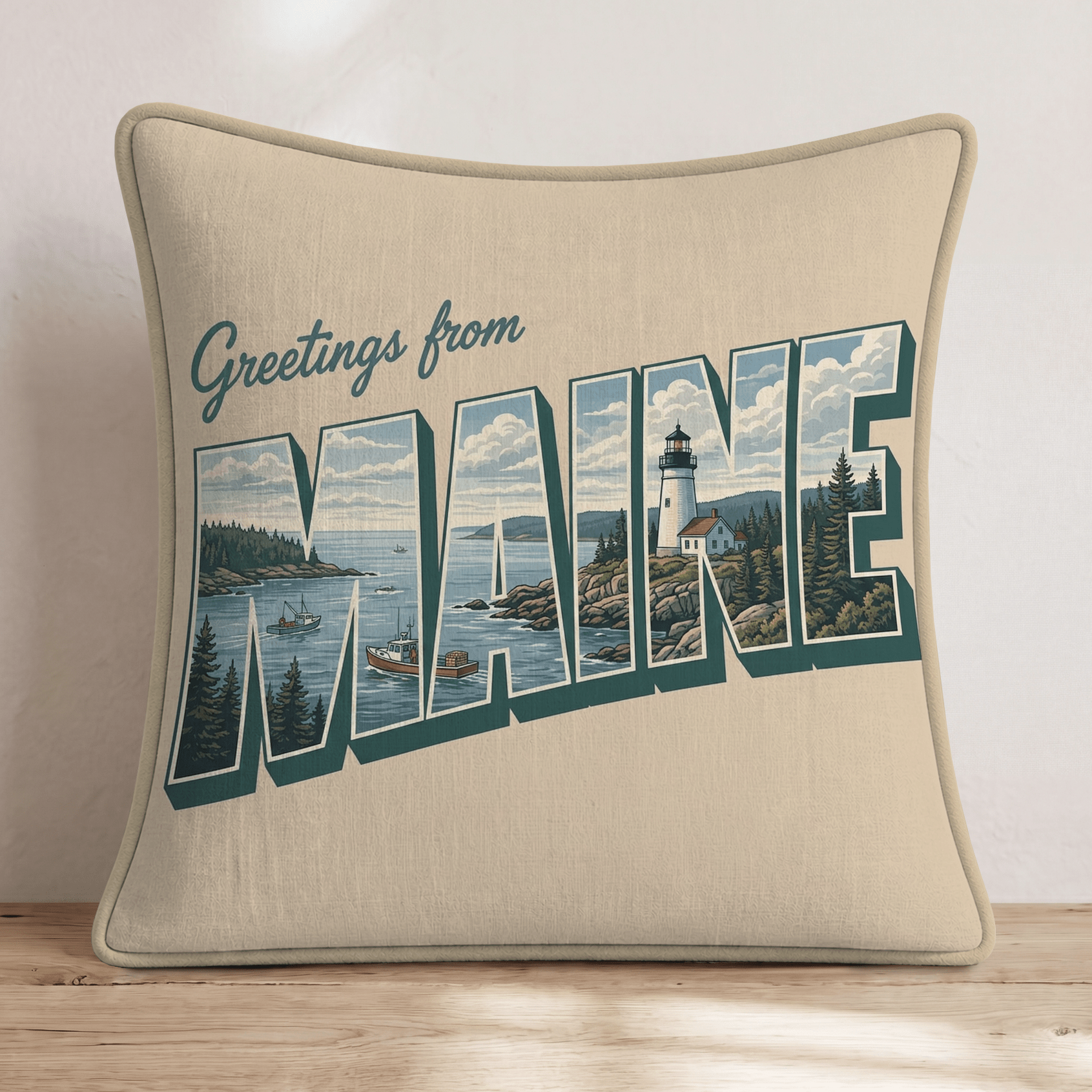 Greetings From Maine Throw Pillow - Hillcroft Home