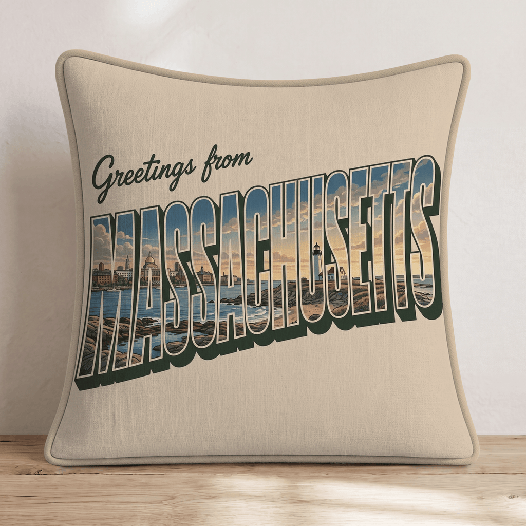 Greetings From Massachusets Throw Pillow - Hillcroft Home