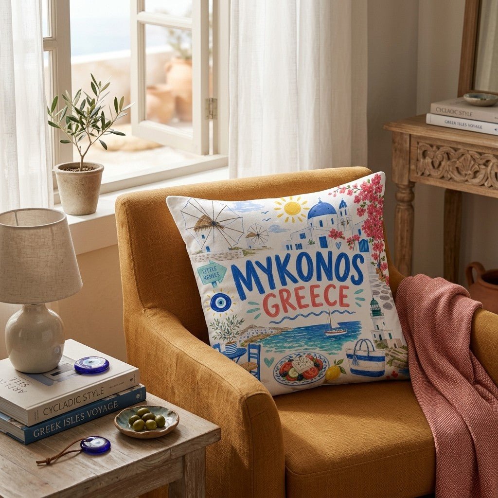 Greetings From Mykonos Throw Pillow - Hillcroft Home
