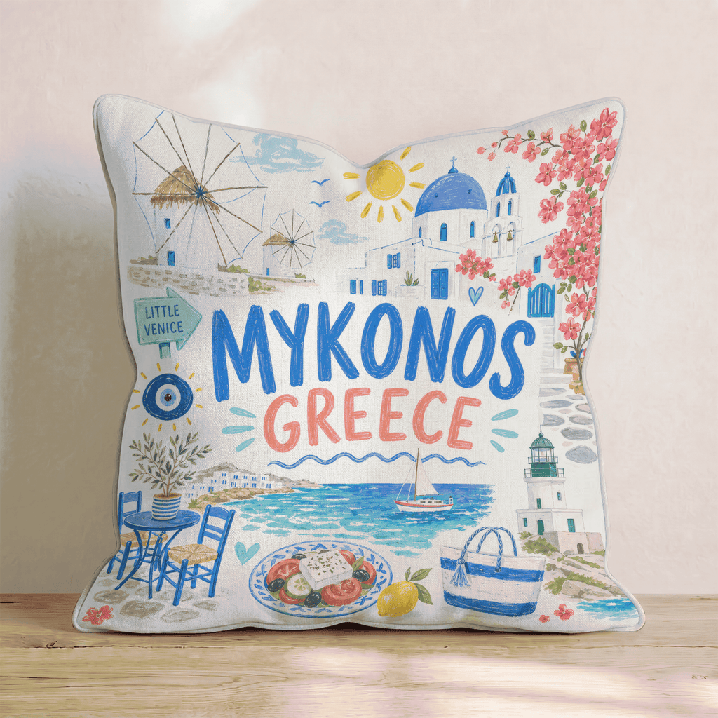 Greetings From Mykonos Throw Pillow - Hillcroft Home