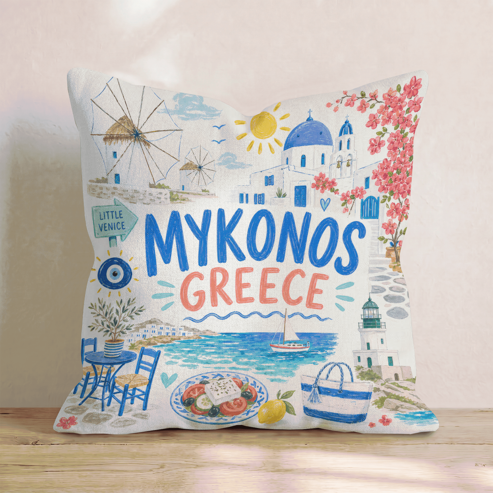 Greetings From Mykonos Throw Pillow - Hillcroft Home
