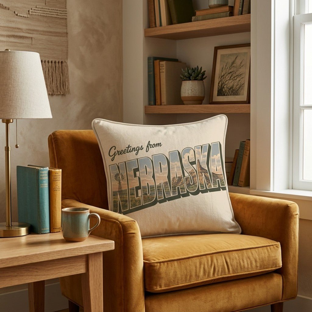 Greetings From Nebraska Throw Pillow - Hillcroft Home