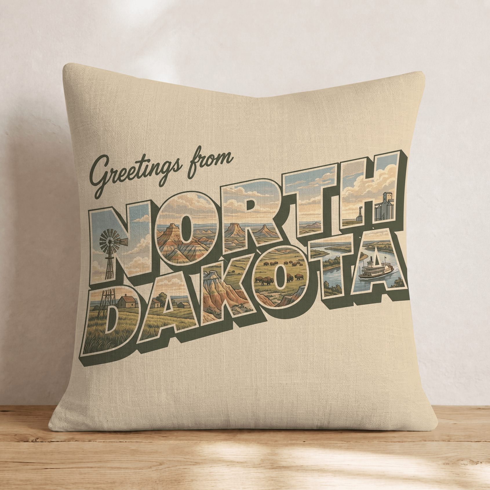 Greetings From North Dakota Throw Pillow - Hillcroft Home