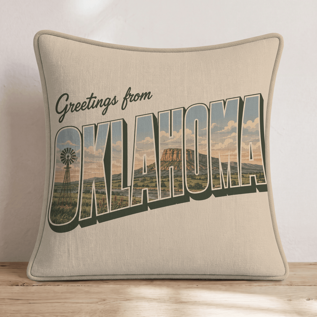 Greetings From Oklahoma Throw Pillow - Hillcroft Home