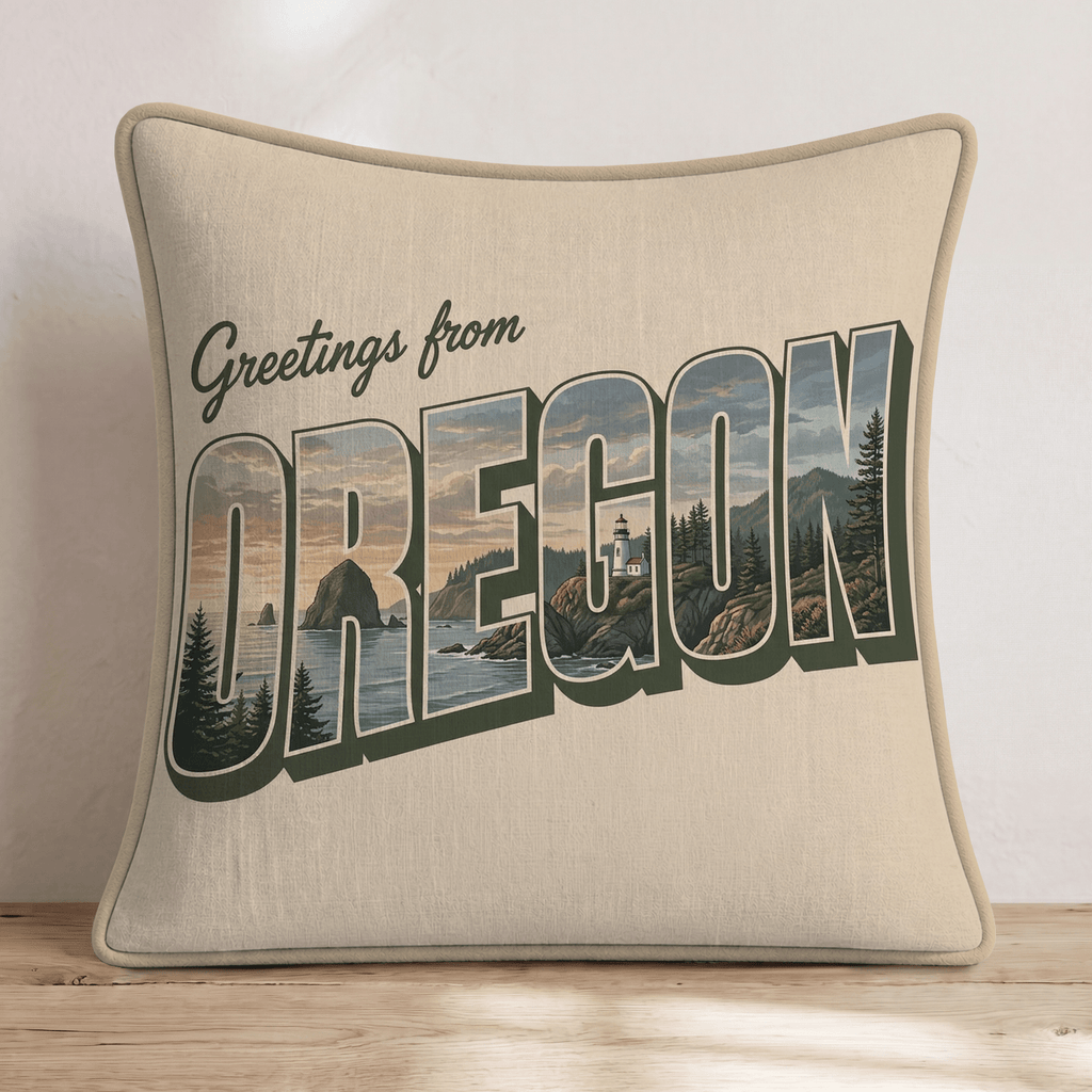 Greetings From Oregon Throw Pillow - Hillcroft Home