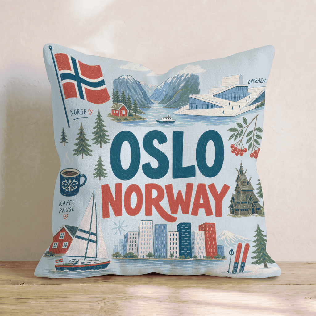 Greetings From Oslo Throw Pillow - Hillcroft Home