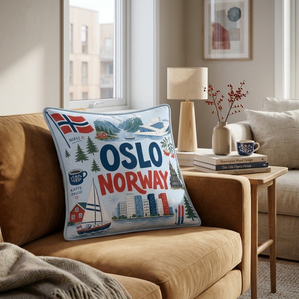 Greetings From Oslo Throw Pillow - Hillcroft Home