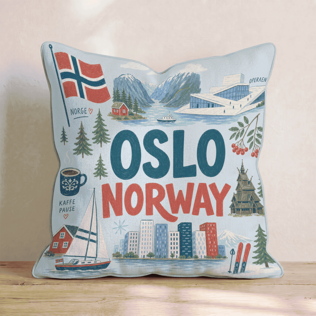 Greetings From Oslo Throw Pillow - Hillcroft Home