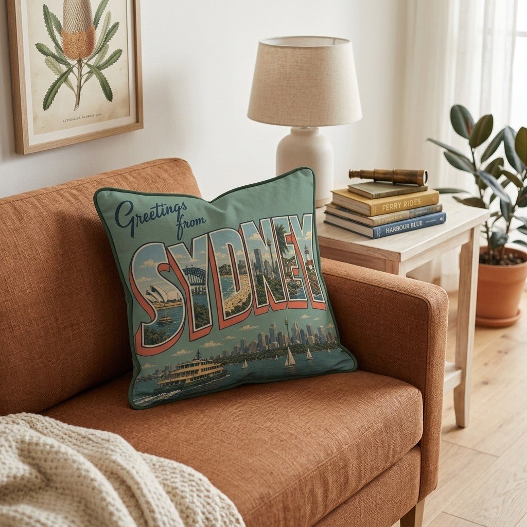 Greetings from Sydney Throw Pillow - Hillcroft Home
