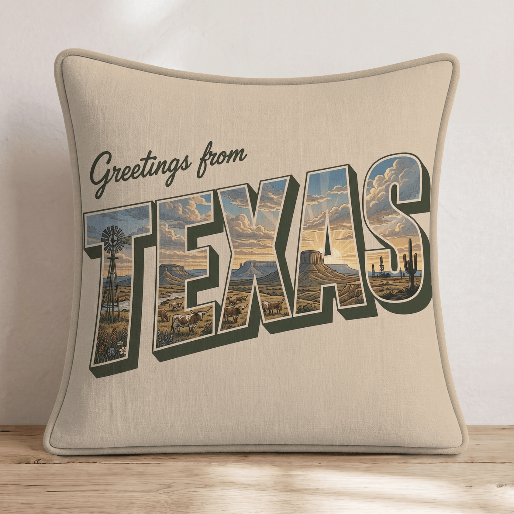Greetings From Texas Throw Pillow - Hillcroft Home