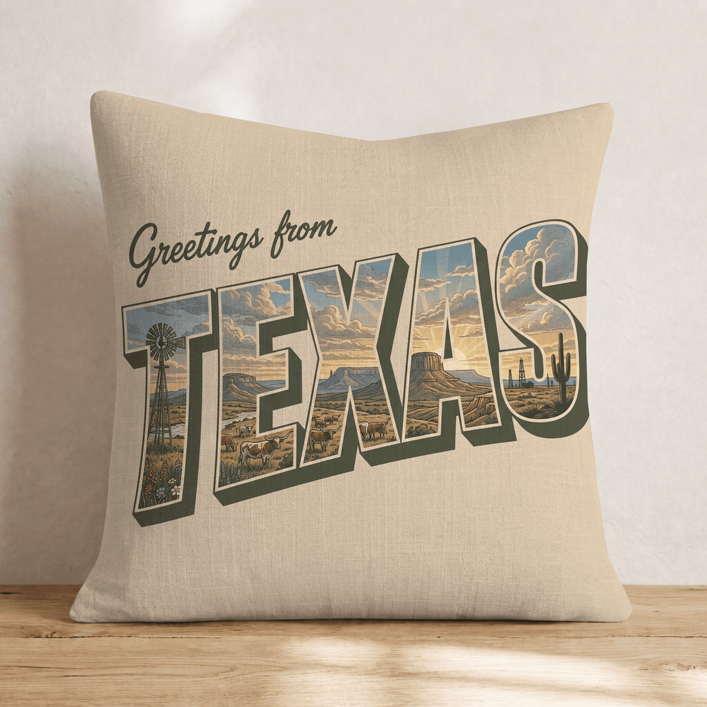 Greetings From Texas Throw Pillow - Hillcroft Home