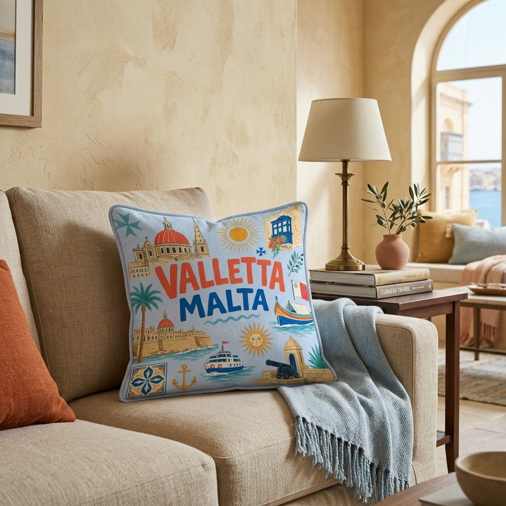 Greetings From Valletta Throw Pillow - Hillcroft Home