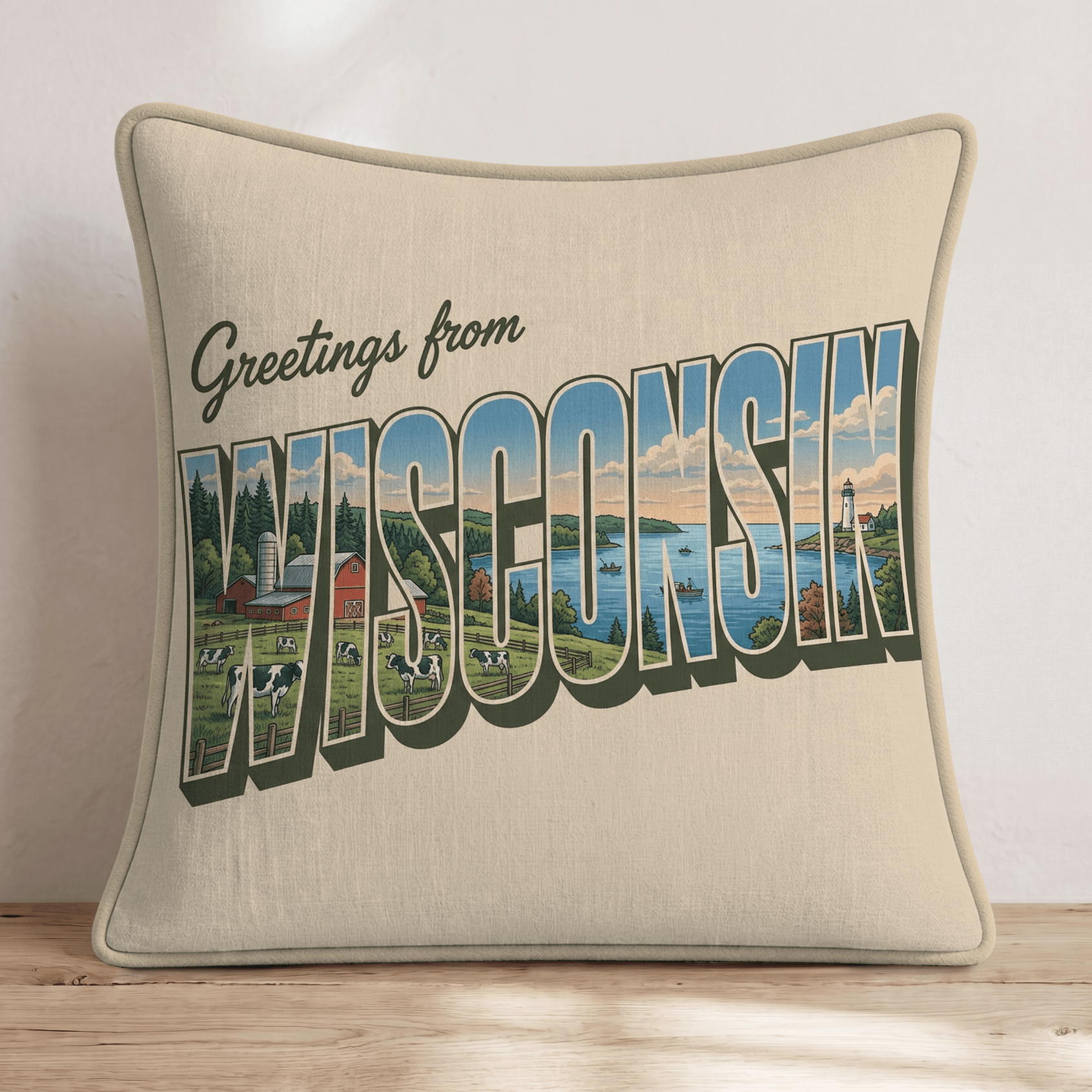 Greetings From Wisconsin Throw Pillow - Hillcroft Home