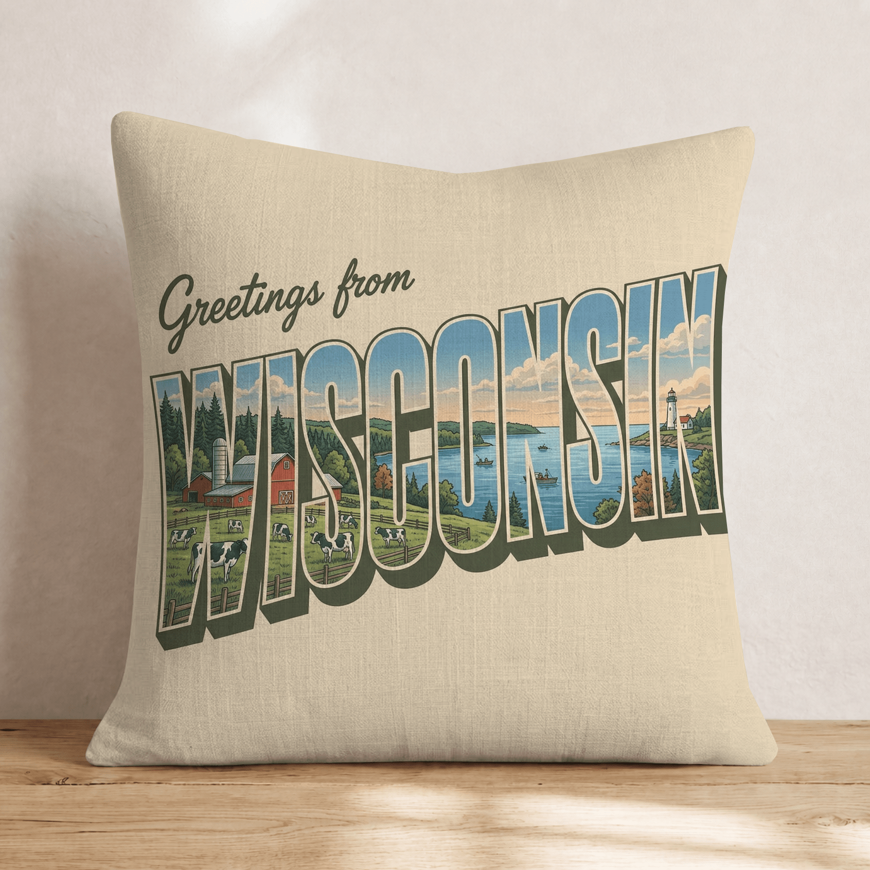 Greetings From Wisconsin Throw Pillow - Hillcroft Home