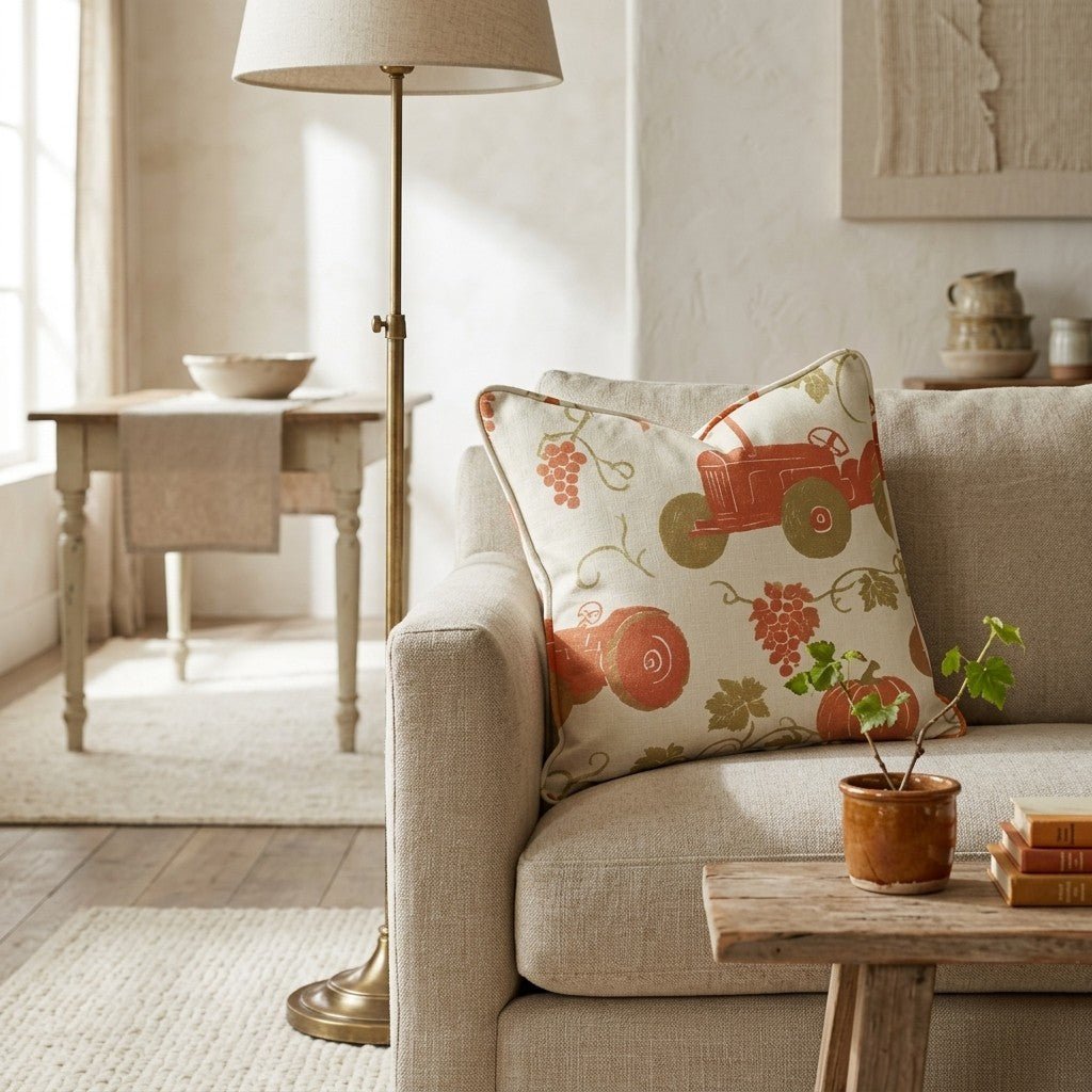 Harvest Tractor & Pumpkin Vine Throw Pillow - Hillcroft Home