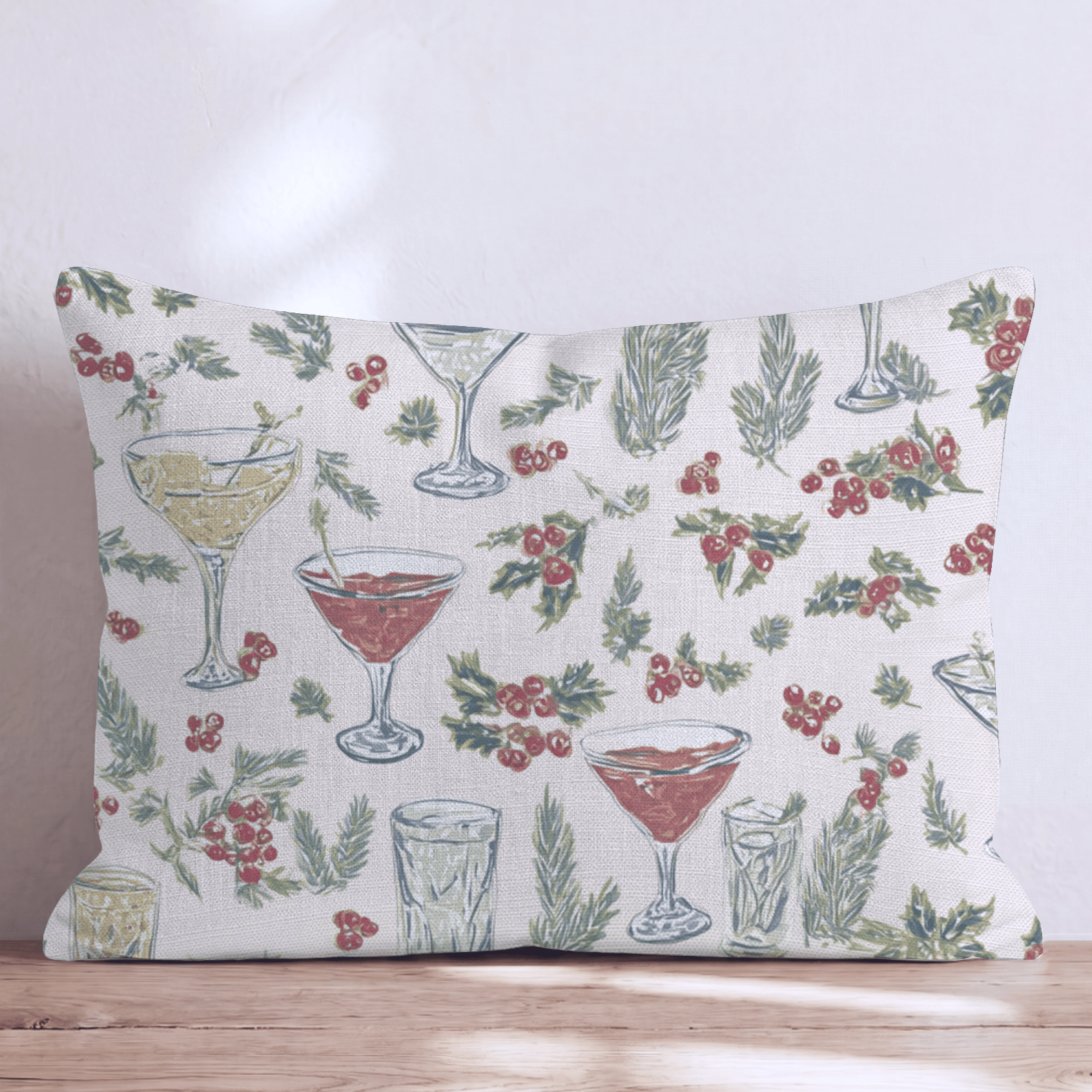 Holiday Drinks Holly Cream Throw Pillow - Hillcroft Home