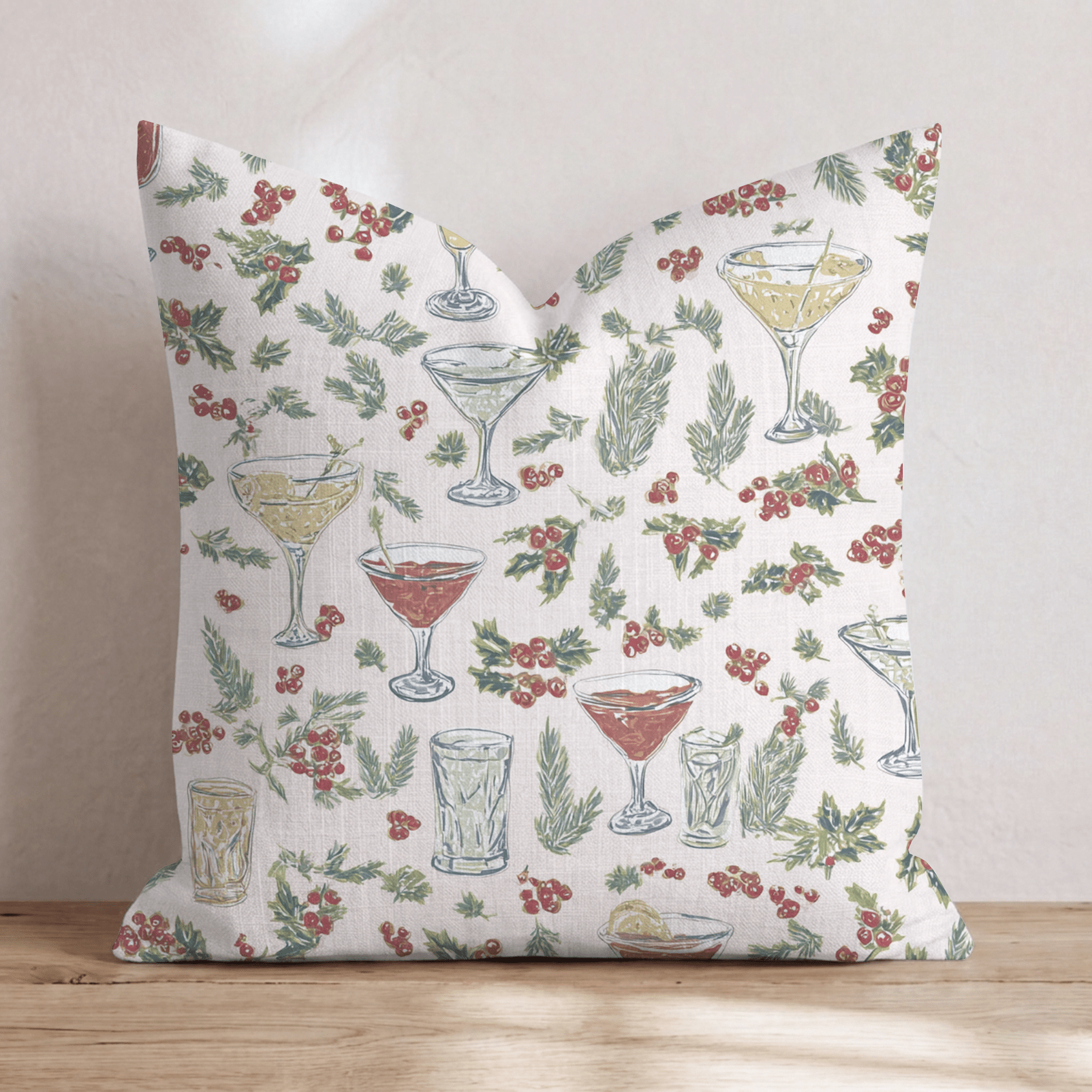 Holiday Drinks Holly Cream Throw Pillow - Hillcroft Home