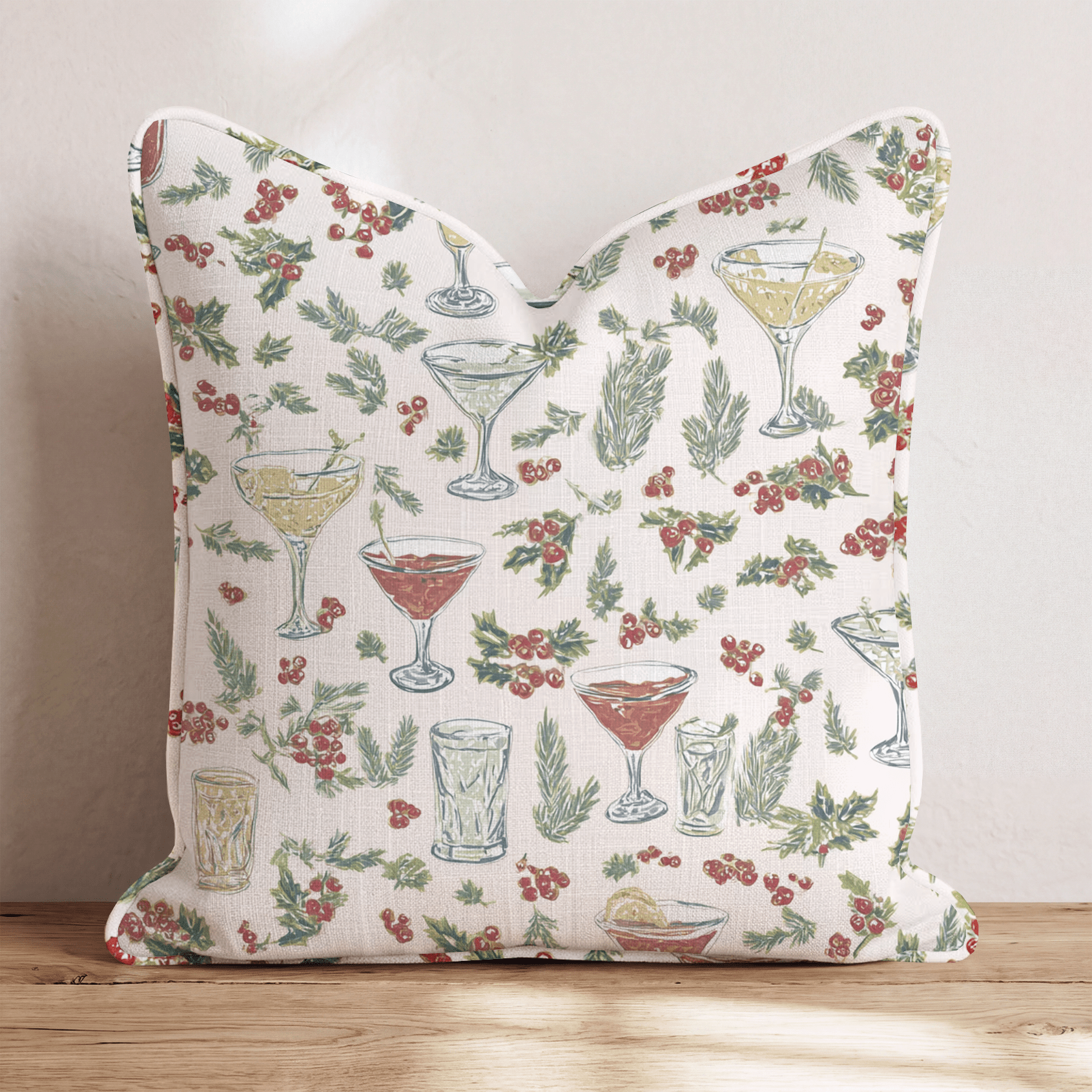 Holiday Drinks Holly Cream Throw Pillow - Hillcroft Home