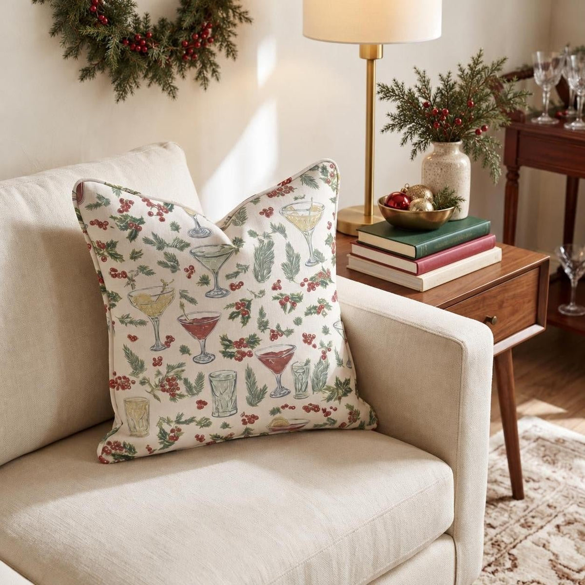 Holiday Drinks Holly Cream Throw Pillow throw pillow - Hillcroft Home