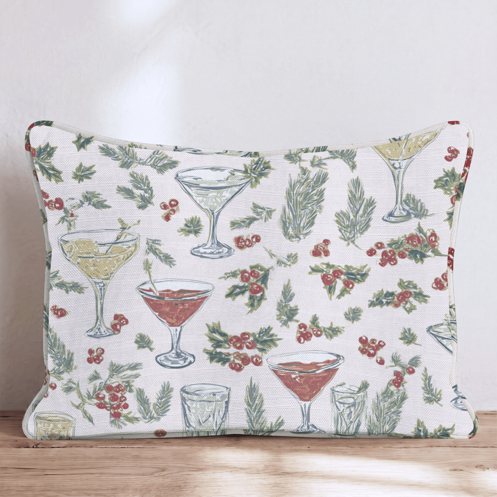 Holiday Drinks Holly Cream Throw Pillow - Hillcroft Home