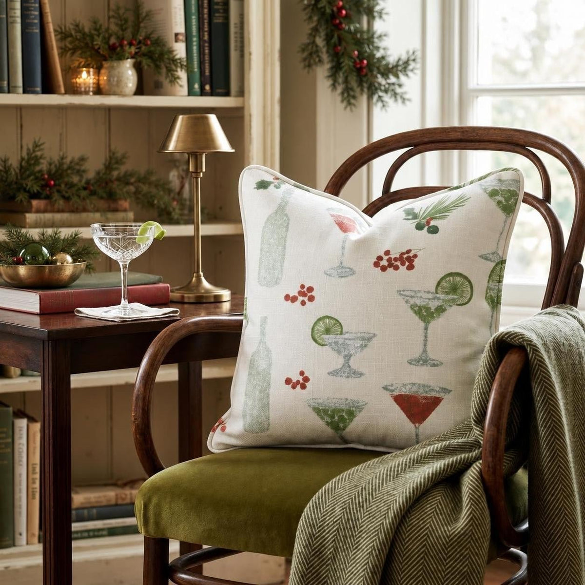 Holly Bottle Bar Cream Throw Pillow throw pillow - Hillcroft Home