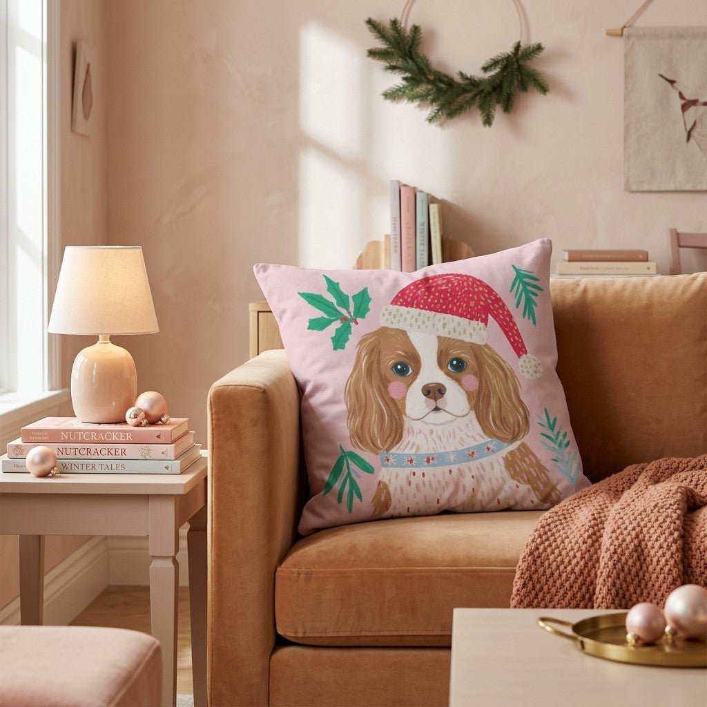 Holly Hat Cavalier King Charles Spaniel Throw Pillow - Hillcroft Home