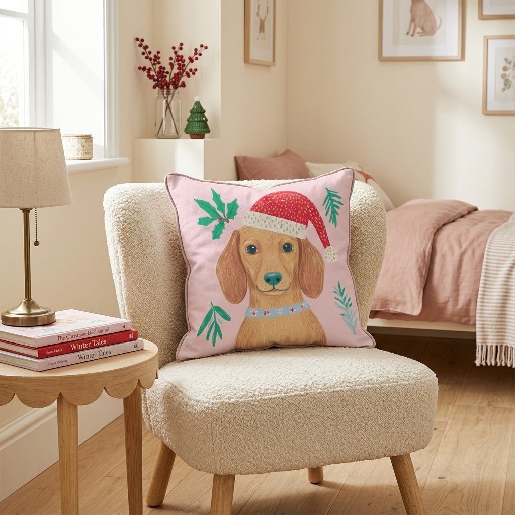 Holly Hat Dachshund Throw Pillow - Hillcroft Home