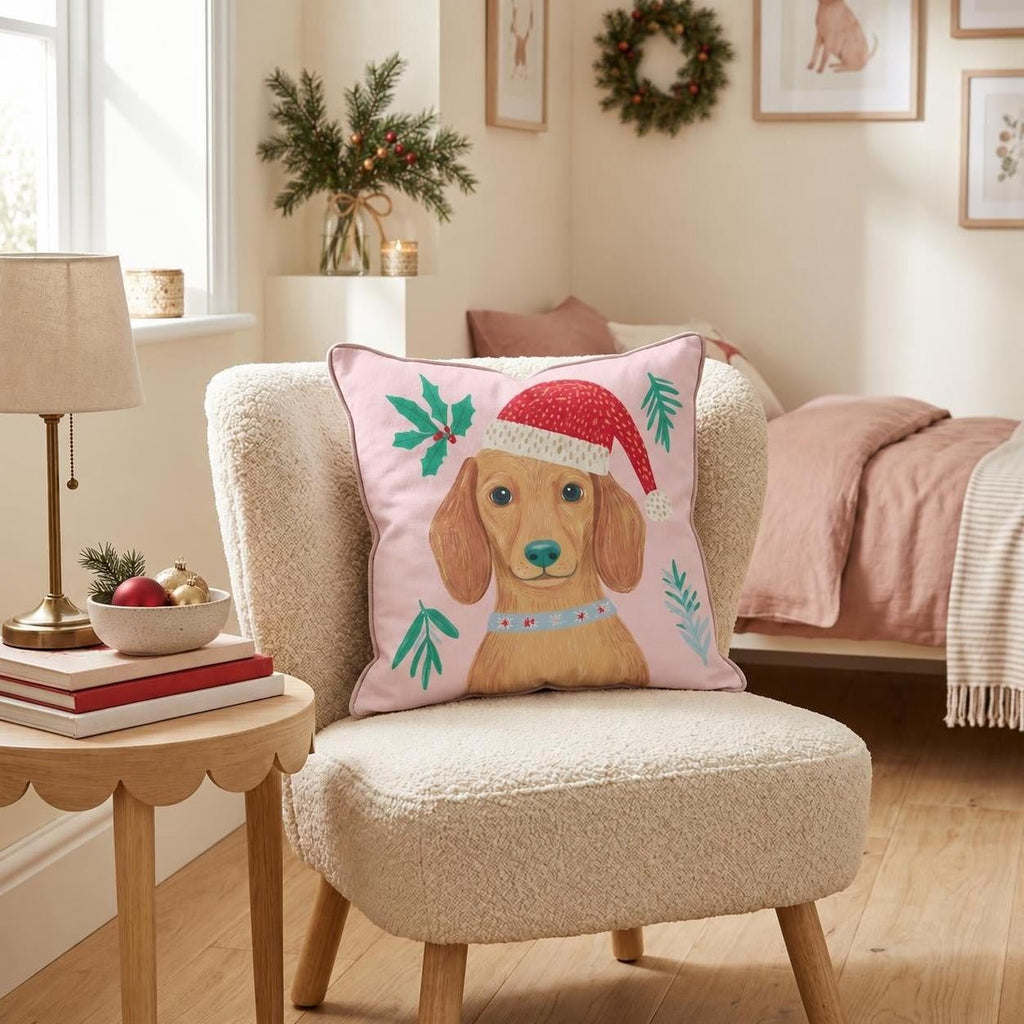 Holly Hat Dachshund Throw Pillow throw pillow - Hillcroft Home