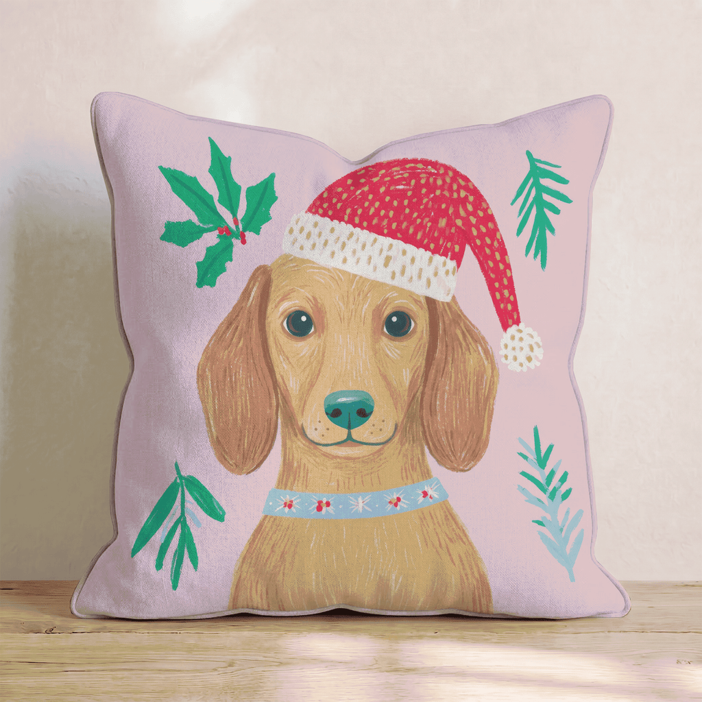 Holly Hat Dachshund Throw Pillow - Hillcroft Home