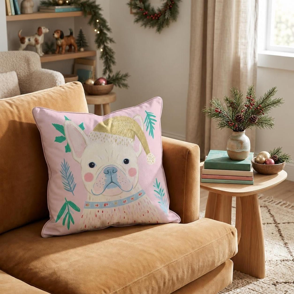 Holly Hat French Bulldog Throw Pillow throw pillow - Hillcroft Home