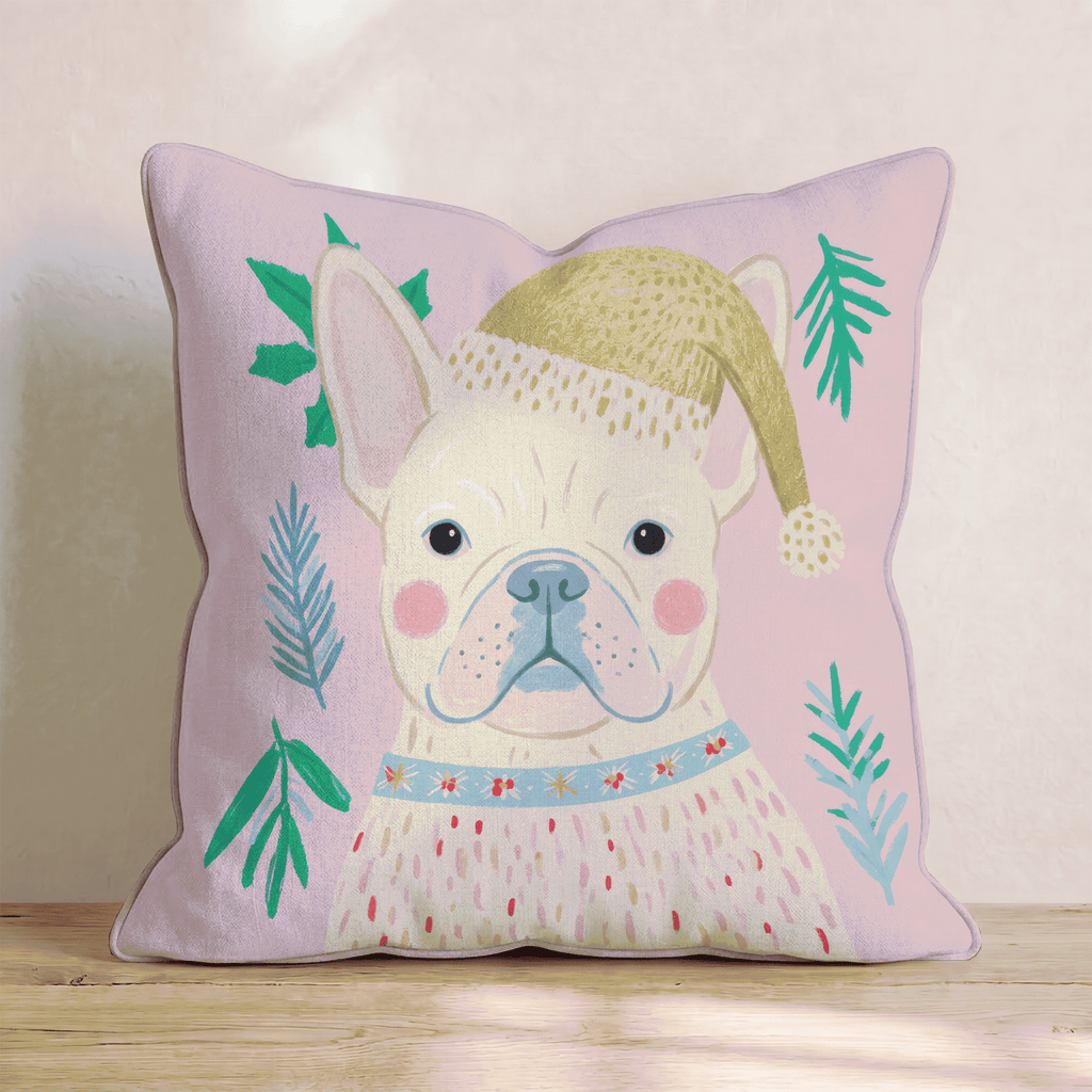 Holly Hat French Bulldog Throw Pillow - Hillcroft Home