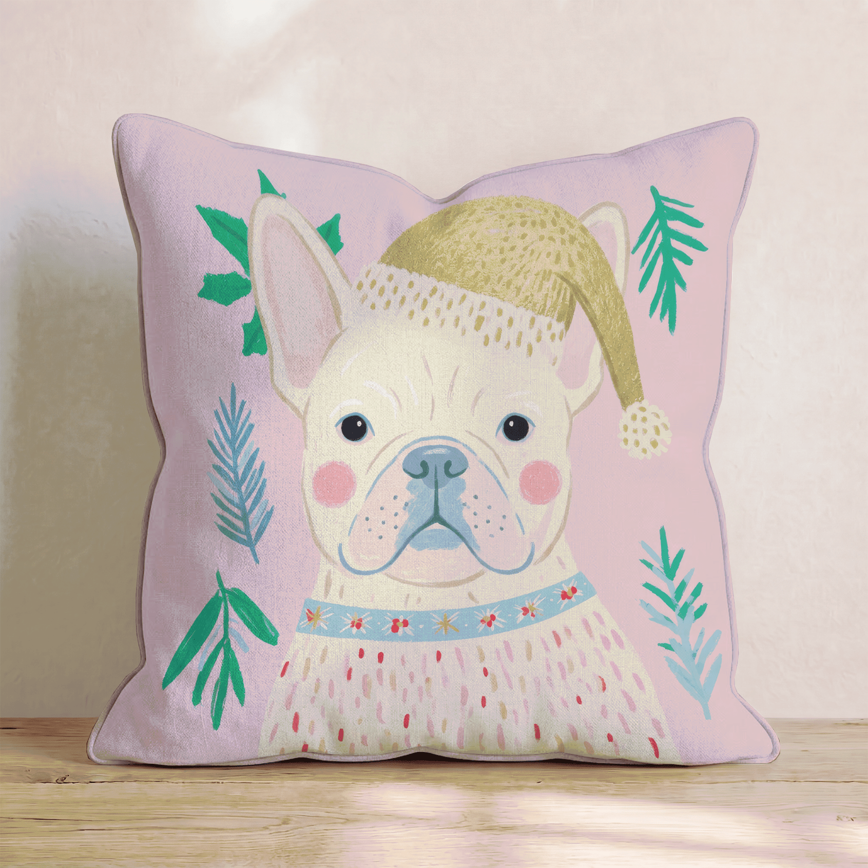 Holly Hat French Bulldog Throw Pillow - Hillcroft Home