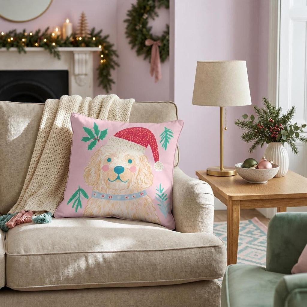 Holly Hat Goldendoodle Throw Pillow throw pillow - Hillcroft Home