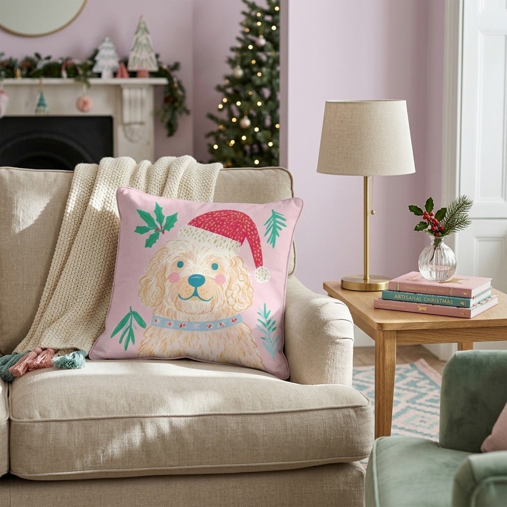 Holly Hat Goldendoodle Throw Pillow - Hillcroft Home