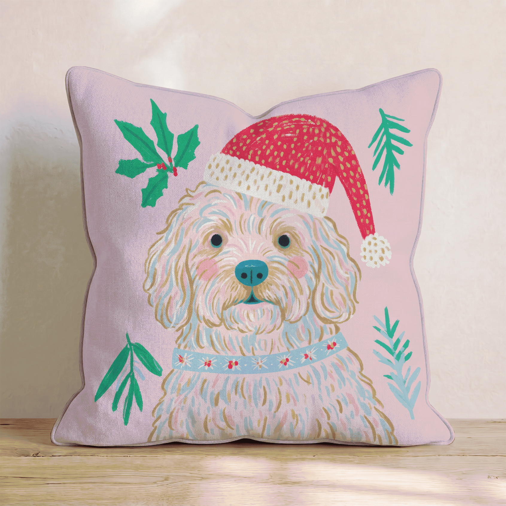 Holly Hat Labradoodle Throw Pillow - Hillcroft Home