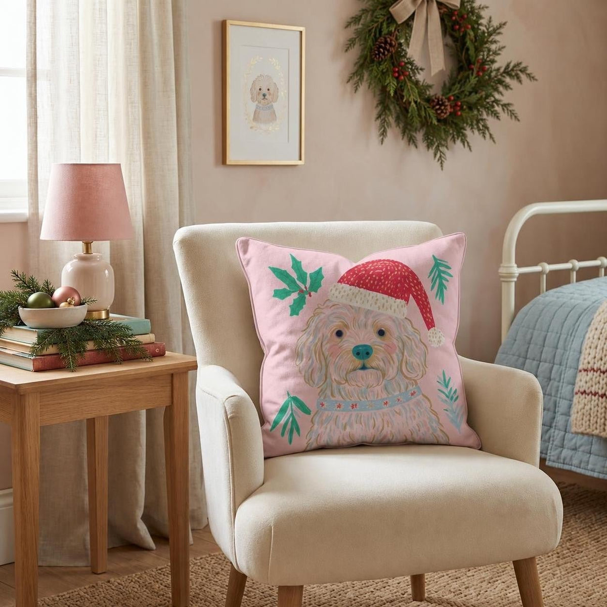 Holly Hat Labradoodle Throw Pillow throw pillow - Hillcroft Home