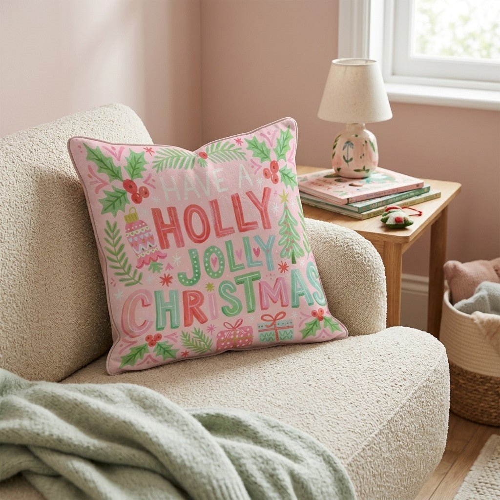 Holly Jolly Pink Banner Throw Pillow - Hillcroft Home